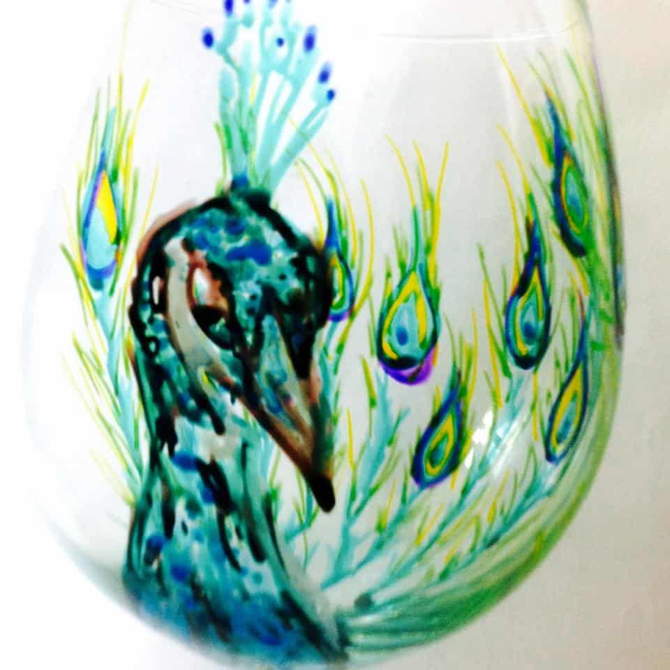 hand painted glass peacock